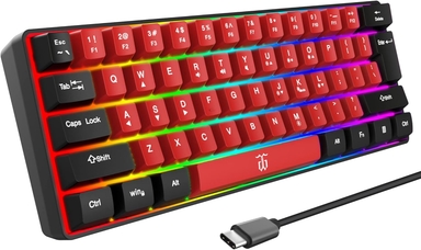 Snpurdiri 60% Wired Gaming Keyboard,True RGB Mini Keyboard, Waterproof Small Compact 61 Keys Keyboard for PC/Mac Gamer, Typist, Travel, Easy to Carry on Business Trip(Black-Red)
