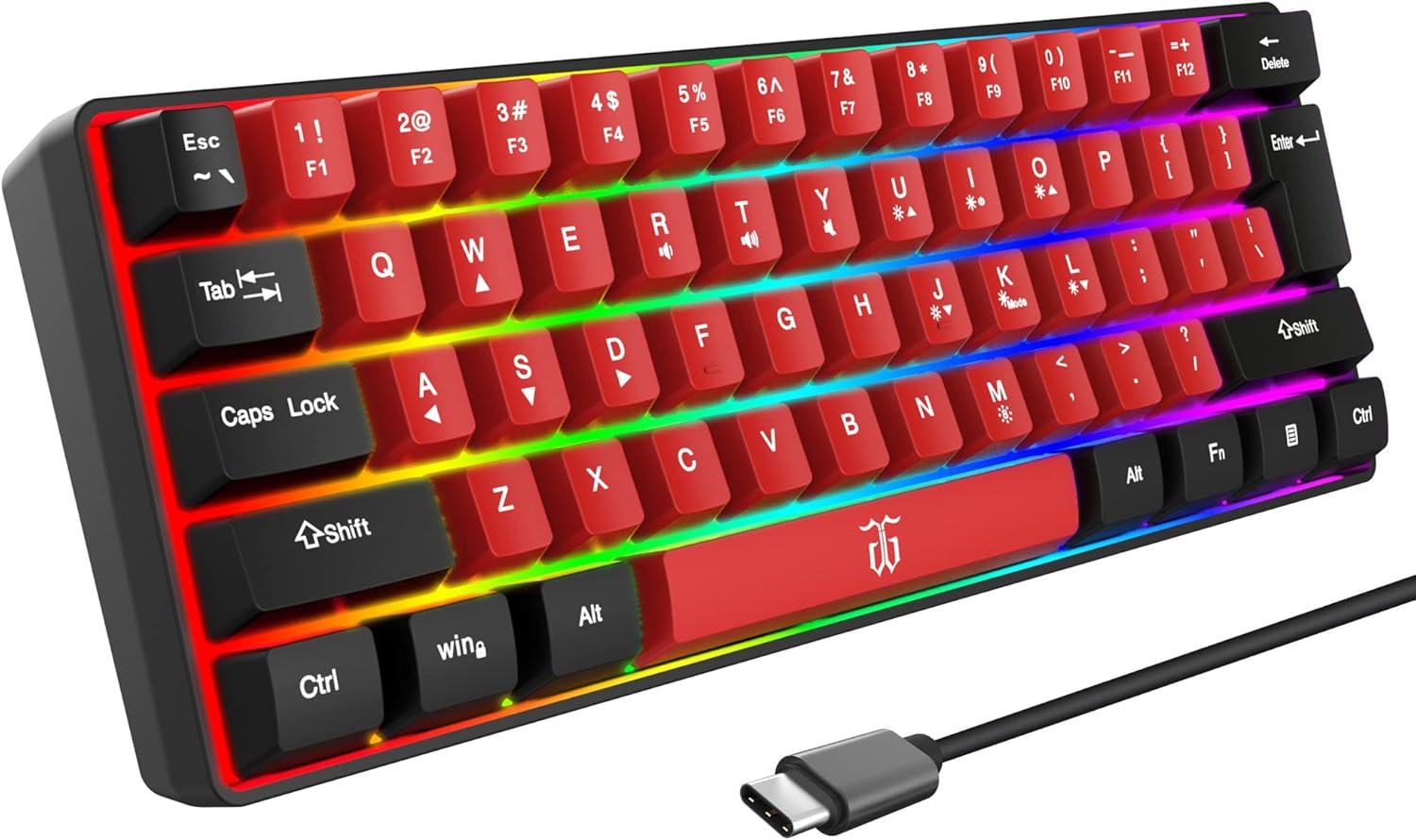 Snpurdiri 60% Wired Gaming Keyboard,True RGB Mini Keyboard, Waterproof Small Compact 61 Keys Keyboard for PC/Mac Gamer, Typist, Travel, Easy to Carry on Business Trip(Black-Red)